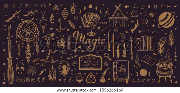 Witchcraft,
magic background for witches and wizards. Wicca and pagan
tradition. Vector vintage collection. Hand drawn elements: candles,
book of shadows, potion, tarot cards
etc.
