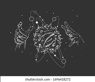 Witchcraft magic card with astrology solar system and human hands that control the universe
