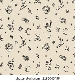 Witchcraft magic doodle things. Vector and jpg printable witchy doodles seamless pattern, unique repeat clipart illustration image, editable isolated details. Perfect for clothes design, wrapping