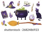 Witchcraft Magic Elements Flat Illustration Set. Cauldron, Hat, Spellbook, Crystal Ball, Broom and Black Cat. Isolated on White Background for Stickers, Halloween Poster Design, Print and Digital Use