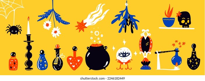 Witchcraft and magic elements, potion bottles, candles. Spiritual banner, witch workplace. Cute vector doodle illustrations