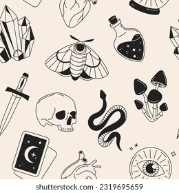 Brujería, magia, esotérica, divinidad, adivinación, objetos contadores de fortuna patrón sin fisuras, fondo