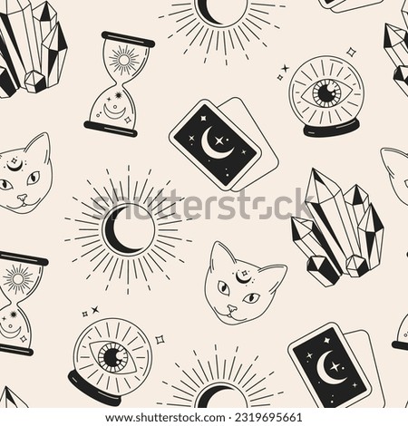 Witchcraft, magic, esoteric, divination, fortune telling objects seamless pattern, background