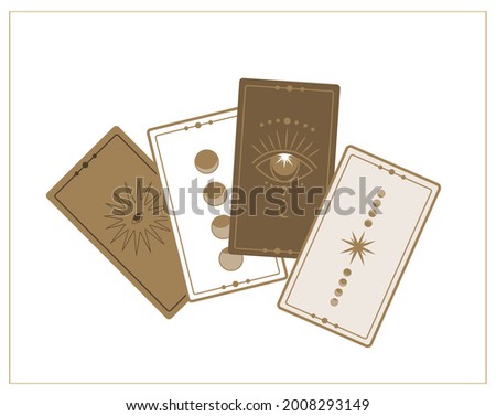 Witchcraft, magic Fortune-telling Ritual on Tarot Cards for witches and wizard.Wicca and pagan tradition.Vector vintage collection,boho style.Esoterics elements.Cards,symbols,talisman occultism Vector