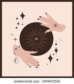 Witchcraft, magic Fortune-telling Ritual for witches and wizards.Wicca and pagan tradition.Vector vintage collection,boho style.Esoterics elements.Fortune Telling Ball,stars,astronomy occultism Vector