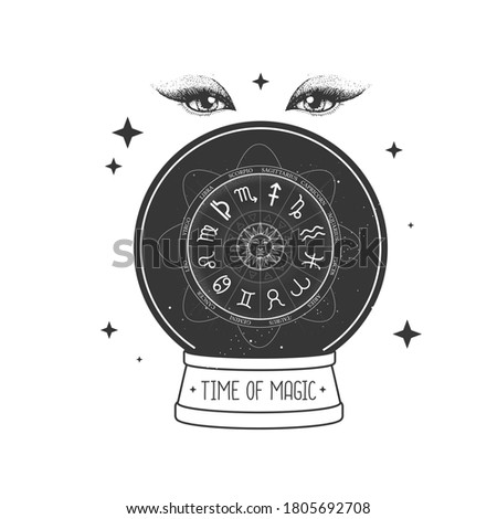 Witchcraft magic globe silhouette with astrology wheel and zodiac signs. Vector illustration