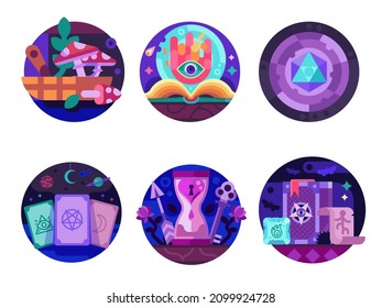 Witchcraft and magic icons with occult and mystic symbols. Occultism and alchemy collection including spell scrolls, elixir flasks, tarot cards and other black magic spiritual and esoteric elements.