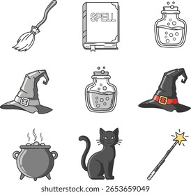 Witchcraft and Magic Icons Set – Broom, Spellbook, Potion Bottles, Witch Hats, Cauldron, Black Cat, Magic Wand Vector Illustrations