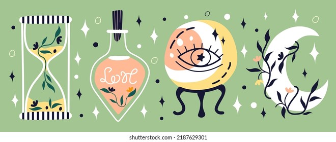 Witchcraft and Magic Illustrations. Set of magic items: love potion, sand clock, magic ball, and moon.