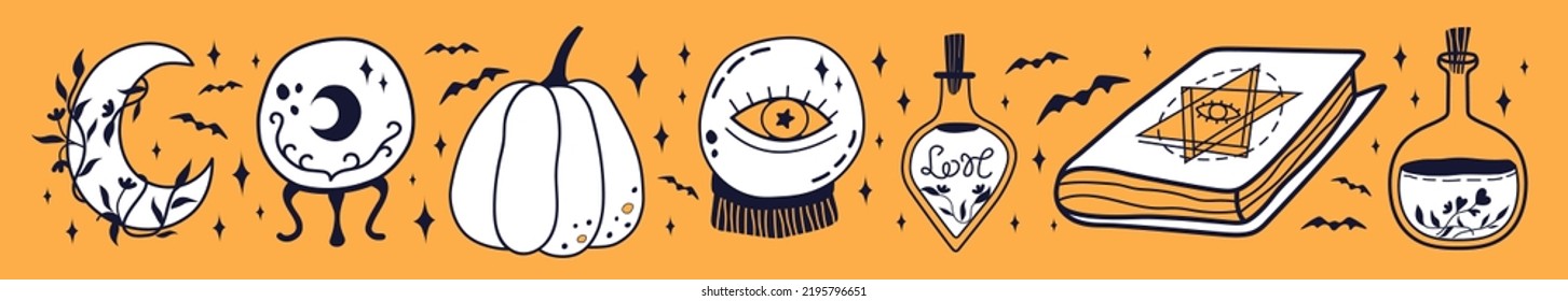 Hexerei und Magie-Illustrationen. Set von magischen Gegenständen: Liebestrank, Sand-Uhr, Zauberkugel, Hexenbuch, Mond, Kürbis und Kristall. Halloween-Zauberei.