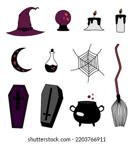 Witchcraft magic items doodle isolated set. Halloween hand drawn potion, broom, magic ball, witch hat, candles, cauldron, coffins. Vector magical witch items illustration