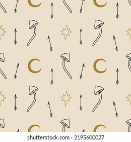 Witchcraft magic mushrooms vector and jpg printable boho seamless pattern, unique repeat clipart illustration image, editable isolated details. Perfect for clothes design, wrapping paper, cloth
