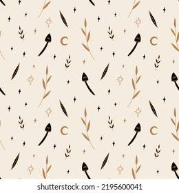 Witchcraft magic mushrooms vector and jpg printable boho seamless pattern, unique repeat clipart illustration image, editable isolated details. Perfect for clothes design, wrapping paper, cloth