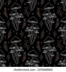 Witchcraft magic mushrooms vector and jpg printable boho seamless pattern, unique repeat clipart illustration image, editable isolated details. Perfect for clothes design, wrapping paper, cloth