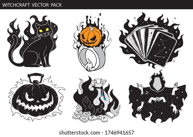 Witchcraft magic, occult attributes set. Magic cat, black сloak with stars and hands, tarot cards, glowing Halloween Pumpkin, Bag of Runes, Halloween ring pumpkin. Witchcraft symbols. Vector.