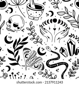 Witchcraft and magic seamless pattern made with various elements. Fortune telling and astrology. Mystic vibes, enigma.