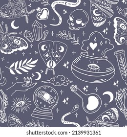 Witchcraft and magic seamless pattern made with various elements. Fortune telling and astrology. Mystic vibes, enigma.