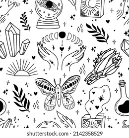 Witchcraft and magic seamless pattern made with various elements. Fortune telling and astrology. Mystic vibes, enigma.