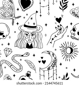 Witchcraft and magic seamless pattern made with various elements. Fortune telling and astrology. Mystic vibes, enigma.