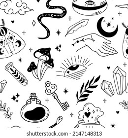 Witchcraft and magic seamless pattern made with various elements. Fortune telling and astrology. Mystic vibes, enigma.