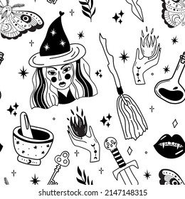 Witchcraft and magic seamless pattern made with various elements. Fortune telling and astrology. Mystic vibes, enigma.