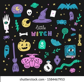 Witchcraft magic set of colorful doodle icons.Magic potion,spider,skull,bat,pumpkin and witch hat.Spooky Halloween elements for mobile wallpaper,print,stickers,card,t-shirt.Black background.Vector