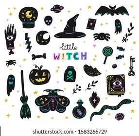 Witchcraft magic set of hand drawn doodle icons.Magic potion,spider,skull,bat,pumpkin,broom,hat and Little Witch lettering.Spooky Halloween elements for print,sticker,card,t-shirt,poster.Vector