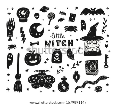 Witchcraft magic set of hand drawn doodle icons.Magic potion,spider,skull,bat,pumpkin,broom and cute little witch character.Spooky Halloween ink elements for decotation,print,card,t-shirt.Vector.