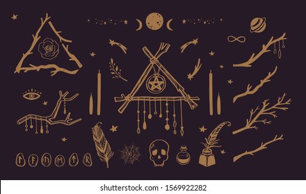 Witchcraft, magic set for witches and wizards. Wicca and pagan tradition. Vector vintage collection.Isolated  Hand drawn elements