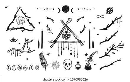 Witchcraft, magic set for witches and wizards. Wicca and pagan tradition. Vector vintage collection.Isolated  Hand drawn elements