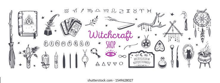 Witchcraft, Magic Shop For Witches And Wizards. Wicca And Pagan Tradition. Vector Vintage Collection. Hand Drawn Elements: Candles, Book Of Shadows, Potion, Tarot Cards Etc.