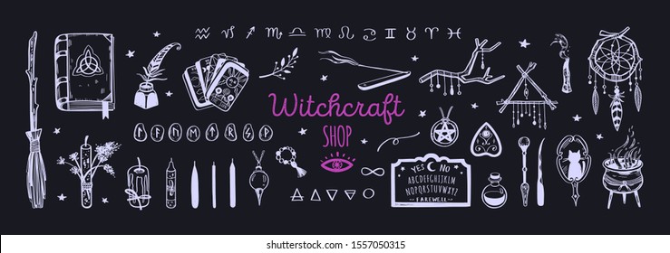 Witchcraft, Magic Shop For Witches And Wizards. Wicca And Pagan Tradition. Vector Vintage Collection. Hand Drawn Elements: Candles, Book Of Shadows, Potion, Tarot Cards Etc.