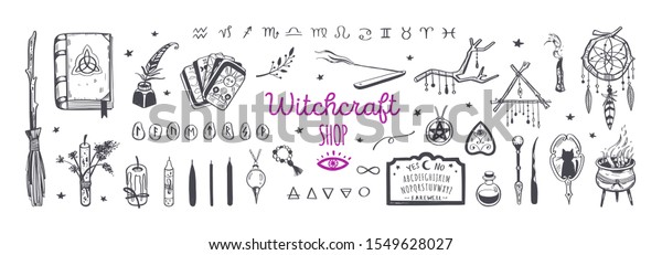 Witchcraft, magic shop\
for witches and wizards. Wicca and pagan tradition. Vector vintage\
collection. Hand drawn elements: candles, book of shadows, potion,\
tarot cards etc.