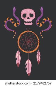 Witchcraft and magic signs, isolated dreamcatcher with treads, feathers and circle. Snakes serpents and human skull with ornaments. Spiritual event or ritual tribal items. Vector in flat style