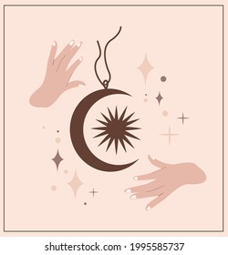 Witchcraft, magic Sun and Crescent Talisman for witches and wizards.Wicca and pagan tradition.Vector vintage collection,boho style.Esoterics element.Necklace Medallion, Locket,stars,astronomy Vector