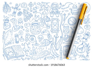 Witchcraft magic symbols doodle set. Collection of hand drawn frogs, poisons, snake, voodoo doll, skull and other tools for witchcraft isolated on transparent background. Illustration of esoteric