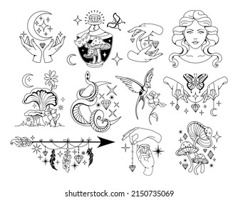 Witchcraft, magic tattoo for witches and wizards. Wicca and pagan sacred old tradition, hallucination silhouette prints. Vector vintage graphics: moon, mushrooms, potion, florals, celestial elements.