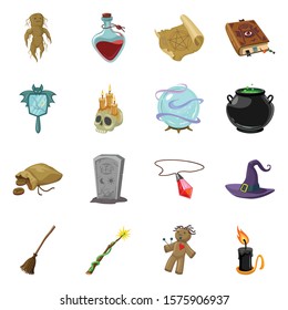 Witchcraft and magic vector cartoon icon set.Vector isolated illustration mystic and occuit.Icon set of book, mirror, skull and globe .