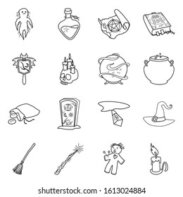 Witchcraft and magic vector outline icon set.Vector isolated illustration mystic and occuit.Icon set of book, mirror, skull and globe .
