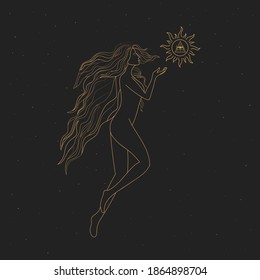 Witchcraft, magic woman, Mystic women, Exotic woman and mystical Symbols.Female portrait of magic night fairy with Sacred Sun.  Flat vector illustration. 
