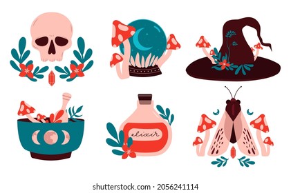 Witchcraft magical cliparts. Collection esoteric occult magic illustrations. Witch mystical symbol, skull, sphere, fly agaric, vial, witch hat, magic herbs. Flat halloween stickers for merch, decor.