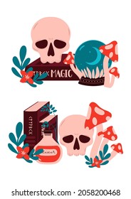 Witchcraft magical cliparts. Collection esoteric occult magic illustrations. Witch mystical symbol, skull, sphere, fly agaric, vial, magic herbs. Flat halloween stickers for merch, decor.