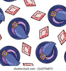 Witchcraft magical seamless border pattern. Cute crystal gems and witch hats doodles wallpaper. Vector repeatable background tile. Cozy craft template of stock image for wrapping design