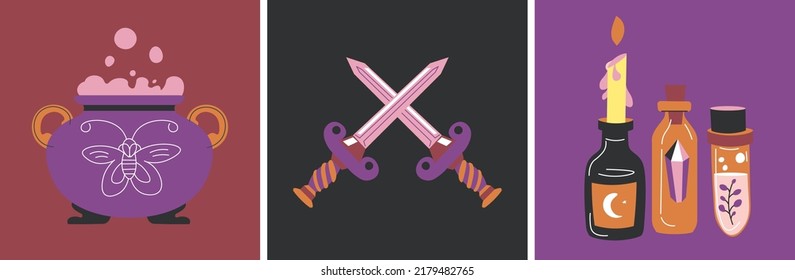 Witchcraft and magical symbols, isolated magic cards ornaments. Crossed swords and cauldron with boiling potion, candle with bottle of elixir, vial of liquid with herbs. Vector in flat style