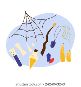 Witchcraft magical tools. Wizard occult ritual objects, mystery tools cartoon vector illustration