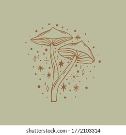 Witchcraft mushrooms set. Magical potion ingredients. Cartoon doodle style. Forest details. Vector illustration.