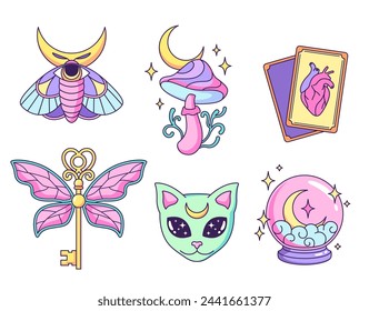 Witchcraft, mystical, astrological, esoteric, magic objects, icons, elements and symbols. Set of cartoon style vector illustrations.