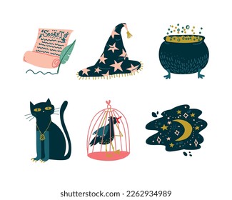 Witchcraft Object with Black Cat, Bird in Cage, Cauldron, Witch Hat and Scroll for Spells and Performing Magical Rituals Vector Set.