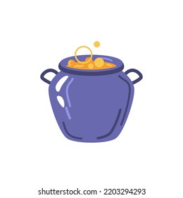 Witchcraft and occult practice, isolated cauldron with boiling hot magic potion or spell. Enchanting or poisoning, witch brewery. Vector in flat cartoon style