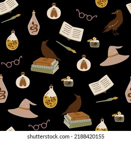 Witchcraft pattern. Dark academia mystical seamless pattern. Cute magic hand drawn background. Halloween symbols. Magic hat, broom, potions, book raven hourglass. Vector illustration. Back to school.